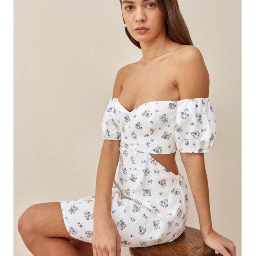 Reformation Emilia White Floral Linen Dress